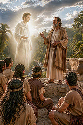 The prophet Jacob declaring the angel’s message about the crucifixion of Jesus at the temple in the land of Nephi.